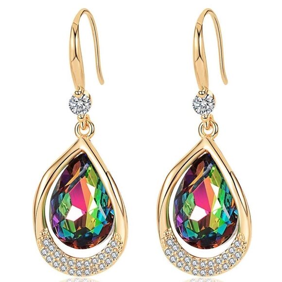 14K Yellow Gold and Vitrail Medium Austrian Crystal Teardrop Halo Hook Earrings - Picture 1 of 7